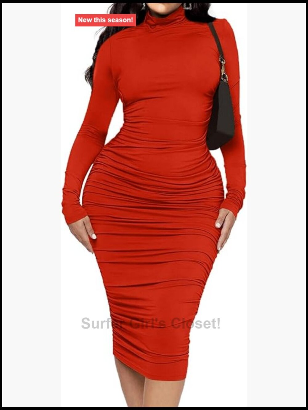 Ruched Bodycon Midi Dress Long Sleeve Mock Neck Stretch